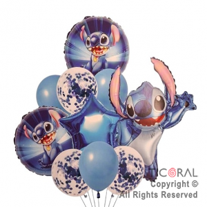 SET DE GLOBOS METALIZADOS STITCH Y LATEX CON CONFETI x 10 UNIDADES